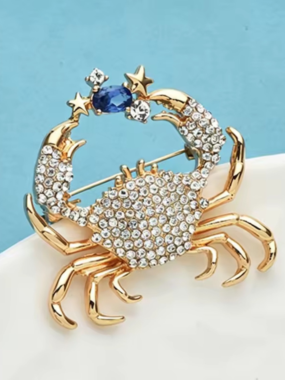 Anthropologie Gold Crab Brooch with Blue and Clear Crystals